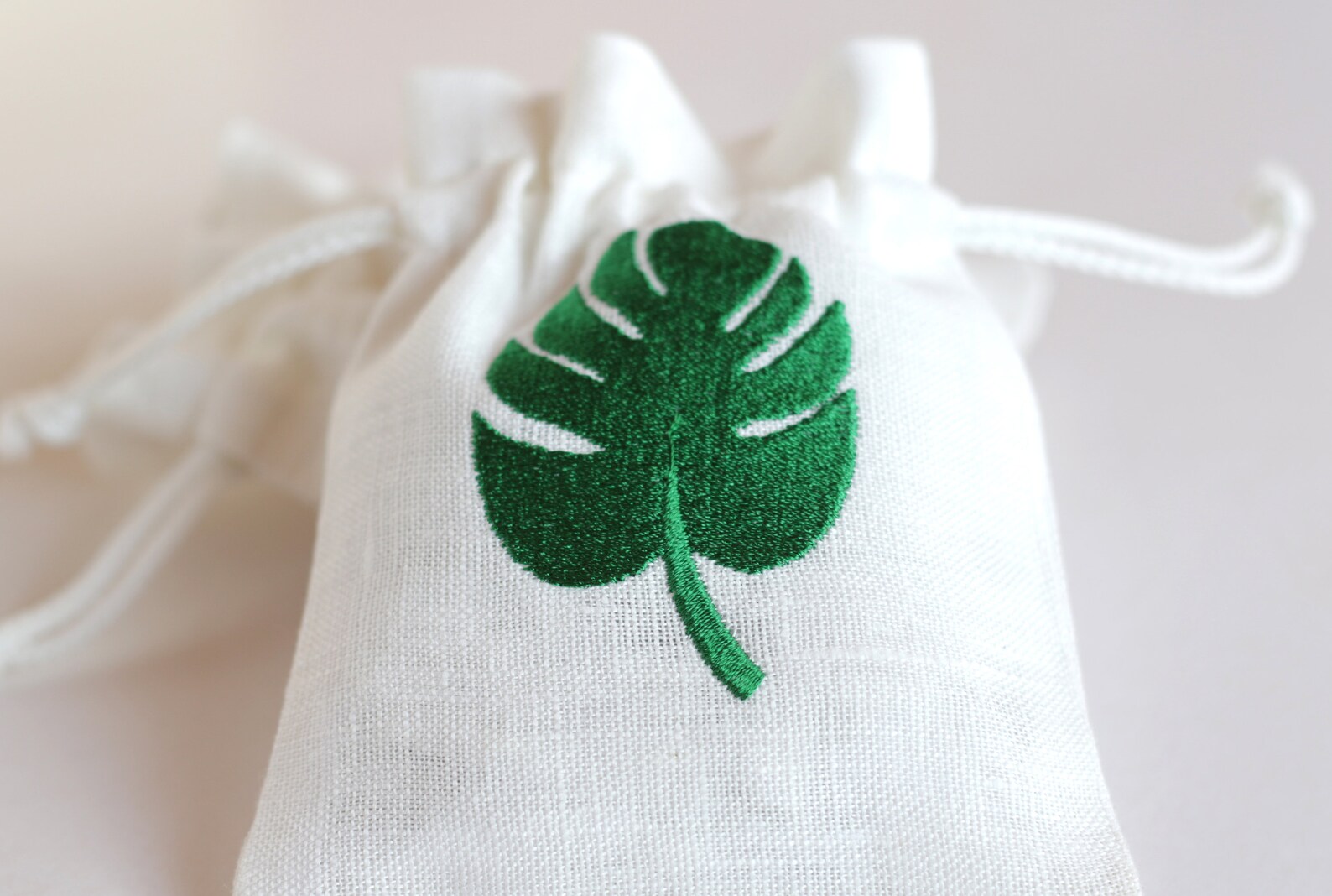 White Linen Gift Bags With Embroidered Green Monstera Leaf for Etsy