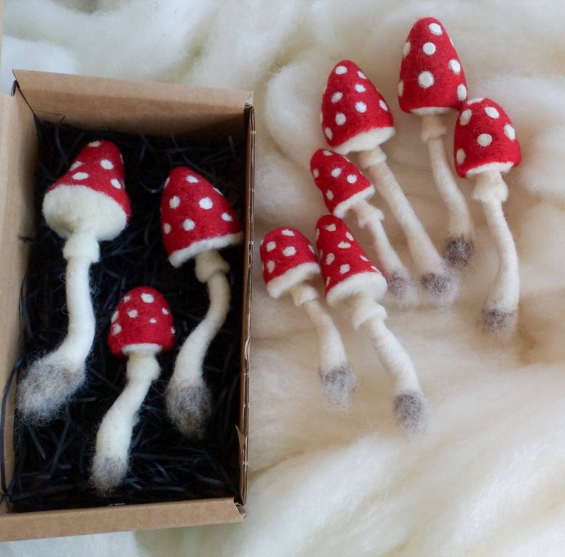 3 Needlefelted Mushroom Set, hanging toadstool, needle felted, christmas, tree decoration gift, woodland, fairy, gnome, fall decor, tree image 2