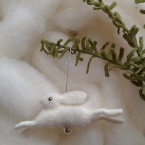 Needle Felted Hare Ornament: Winter White Wool Rabbit with Jingle Bell