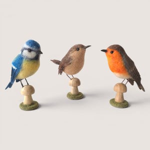 Felted Bird Ornament: Wool Robin, Blue Tit, Wren on Wooden Toadstool