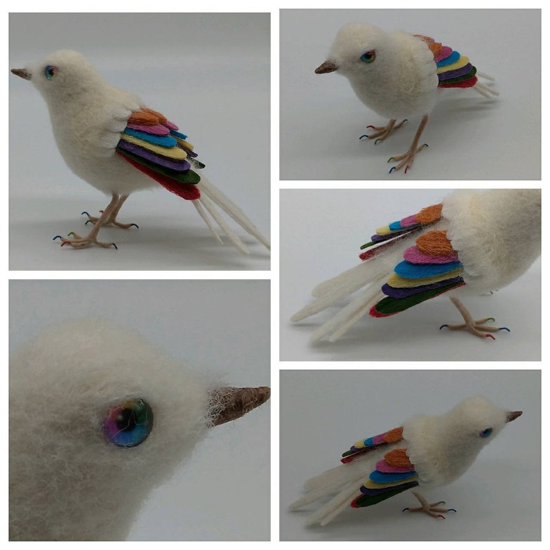 Felted Rainbow Bird, NHS gift, ornament, decoration, needle felt, wool felt, felted bird, rainbow eyes, bird, handmade image 6