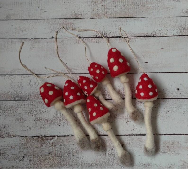 3 Needlefelted Mushroom Set, hanging toadstool, needle felted, christmas, tree decoration gift, woodland, fairy, gnome, fall decor, tree image 5