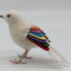 Felted Rainbow Bird, NHS gift, ornament, decoration, needle felt, wool felt, felted bird, rainbow eyes, bird, handmade image 1