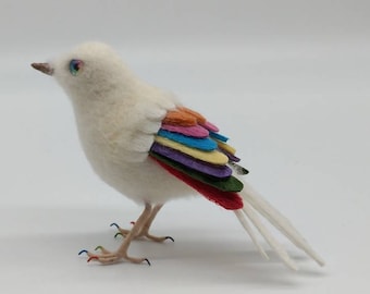 Felted Rainbow Bird, NHS gift, ornament, decoration, needle felt, wool felt, felted bird, rainbow eyes, bird, handmade