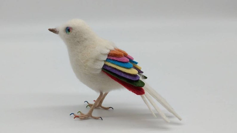 Felted Rainbow Bird, NHS gift, ornament, decoration, needle felt, wool felt, felted bird, rainbow eyes, bird, handmade image 1