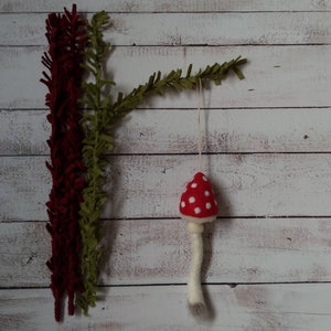 3 Needlefelted Mushroom Set, hanging toadstool, needle felted, christmas, tree decoration gift, woodland, fairy, gnome, fall decor, tree image 6