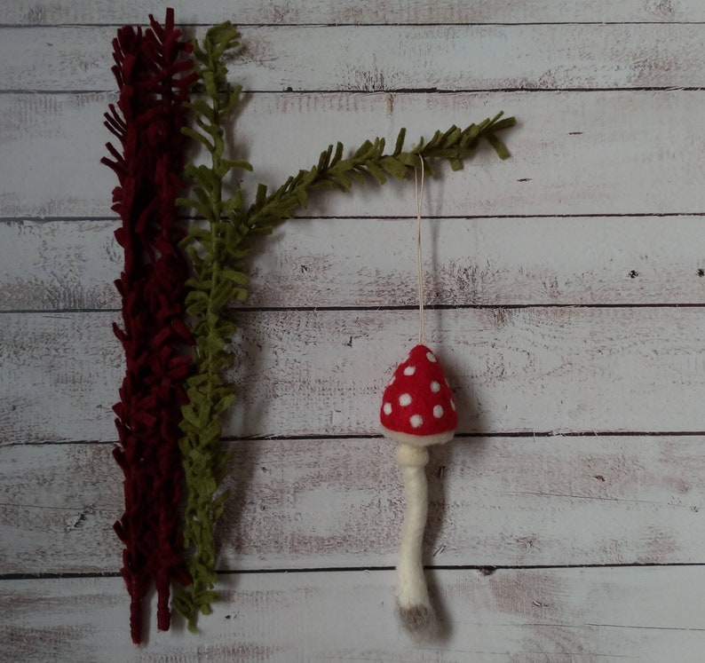 3 Needlefelted Mushroom Set, hanging toadstool, needle felted, christmas, tree decoration gift, woodland, fairy, gnome, fall decor, tree image 6