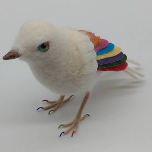 Felted Rainbow Bird, NHS gift, ornament, decoration, needle felt, wool felt, felted bird, rainbow eyes, bird, handmade image 3