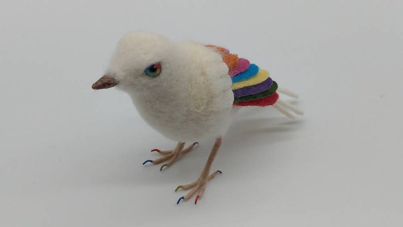 Felted Rainbow Bird, NHS gift, ornament, decoration, needle felt, wool felt, felted bird, rainbow eyes, bird, handmade image 3