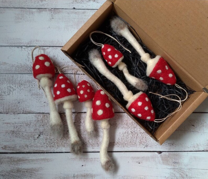 3 Needlefelted Mushroom Set, hanging toadstool, needle felted, christmas, tree decoration gift, woodland, fairy, gnome, fall decor, tree image 4