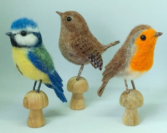 Felted Robin, Blue Tit and Wren bird, gift, ornament, decoration, needle felt, wool felt, felted bird, spring summer bird,