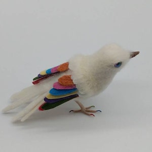 Felted Rainbow Bird, NHS gift, ornament, decoration, needle felt, wool felt, felted bird, rainbow eyes, bird, handmade image 4