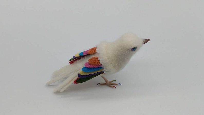 Felted Rainbow Bird, NHS gift, ornament, decoration, needle felt, wool felt, felted bird, rainbow eyes, bird, handmade image 4