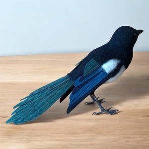 Needle Felted Magpie Sculpture: Handmade Wool Corvid Decor