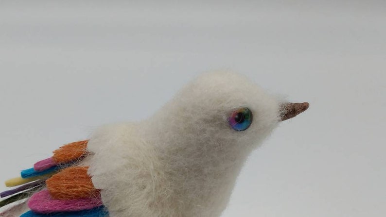 Felted Rainbow Bird, NHS gift, ornament, decoration, needle felt, wool felt, felted bird, rainbow eyes, bird, handmade image 2