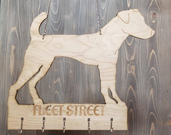 Dog sign with hooks - Key or leash holder | custom engraved Wooden welcome silhouette Jack Russell, dachsund, pug, lab, Frenchie or other