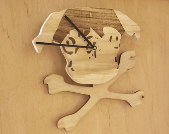 Custom Clock with swinging pendulum | Wooden Pug and crossbones | dog, cat, or mermaid with tail | personalized engraved image unique gift