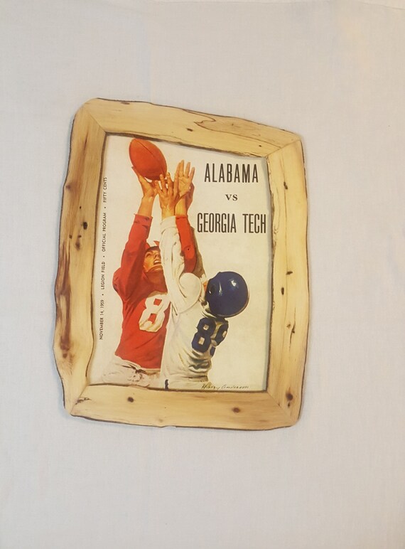 Framed Vintage 1959 Game Day Football Poster Alabama Crimson Tide V Georgia Tech Live Edge Log Frame Bama Wall Art University Print