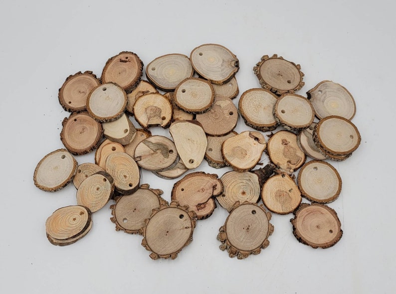 Może przedstawiać: Kolekcja małych, naturalnych plastr&oacute;w drewna z krawędziami kory. Każdy plaster ma jasnobrązowy kolor i mały otw&oacute;r wywiercony w pobliżu g&oacute;rnej części. Plastry drewna r&oacute;żnią się kształtem i rozmiarem, odpowiednie do rękodzieła i dekoracji.