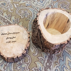 Log urn custom keepsake box unique live edge hollowed tree personalized engraved gift rustic storage hideaway heart ornament + engraving