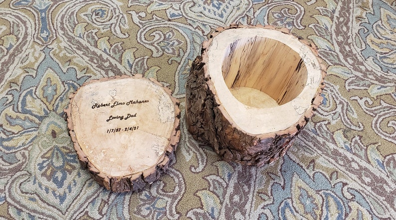 Log urn custom keepsake box unique live edge hollowed tree personalized engraved gift rustic storage hideaway heart ornament + engraving