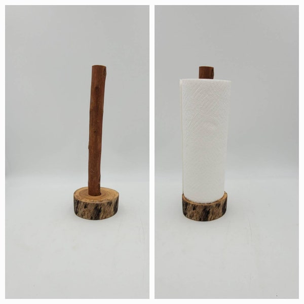 Paper towel holder freestanding / mini log slice-tree branch standing spare toilet tissue stand | Rustic wooden kitchen and bath decor
