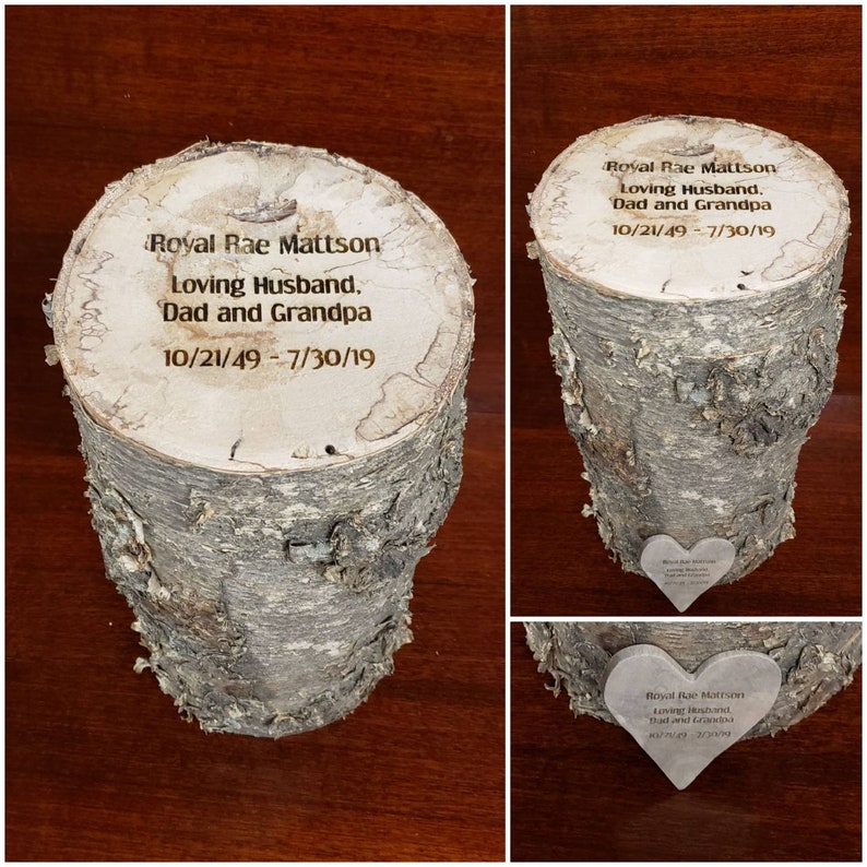 Log urn custom keepsake box unique live edge hollowed tree personalized engraved gift rustic storage hideaway heart ornament + engraving + heart