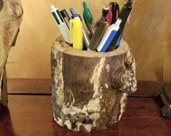 Log Pen holder tool caddy gift for him | Rustic wood vase centerpiece | unique hollowed tree utensil desk organizer for boss or teacher