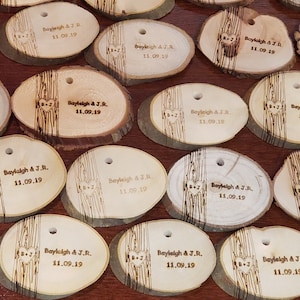Custom Engraved wood slices 60-100 | personalized wooden wedding gift tag favors | rustic name tag drink ticket tree slice favor