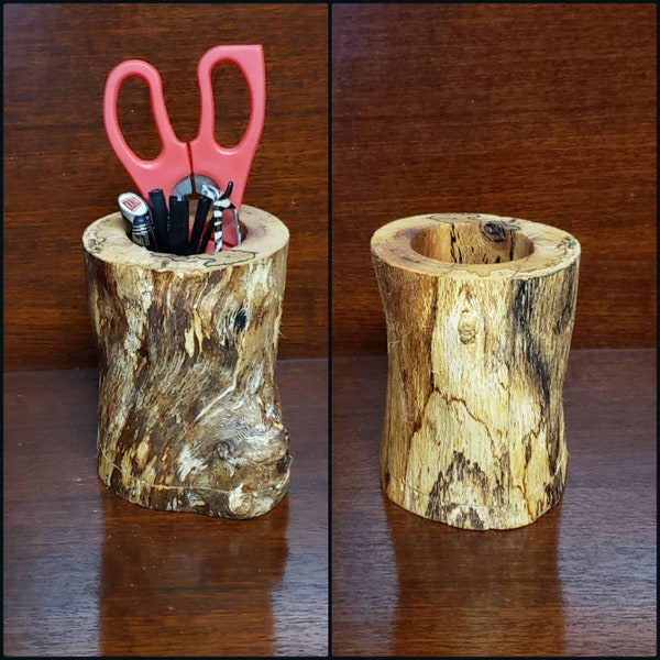 Log Pen holder outil caddy cadeau pour lui | Pièce maîtresse de vase en bois rustique | organisateur de bureau d'ustensiles d'arbre évidé unique pour le patron ou l'enseignant