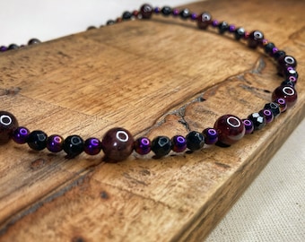 Real Gemstone Necklace with Garnet, Black Tourmaline and Purple Hematite Beads. Short 17" Crystal Necklace. Gothic Witch Hippy Gift for Her