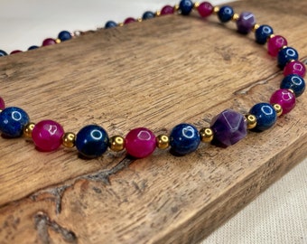 Lapis Lazuli Choker Necklace with Pink Agate, Amethyst and Hematite. 15" Short Beaded Bohemian Necklace. Colourful Handmade Hippy Jewellery.