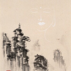 13.5x16.5&quot; original sumi-e ink on white rice paper Zen painting of a wayfarer and Buddha face, home decor, zen art, Zen decor, minimalist