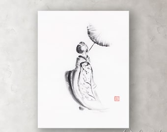Könnte beinhalten: Ein Schwarzweiß-Tuschbild einer Frau in einem Kimono, die einen Regenschirm hält. Die Frau ist dem Betrachter abgewandt und das Bild hat einen minimalistischen Stil.