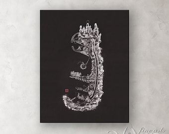 Nei Jing Tu chart, chart of inner landscape painting, black Nei Jing Tu sumi-e painting, black background, sumi-e paintings, art print