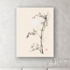 Bamboo painting, full moon, Chinese brush, bamboo painting, bamboo paintings, wall art, zen paintings, zen wall art, zen home decor, sumi-e