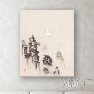 Zen painting, Buddhist monk on top of the misty mountains, glowing Buddha face, Buddha, Zen, wall art, sumi-e, Chinese brush, meditation