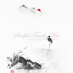 Heron on the lake Zen art print of the original painting, sumi-e painting, bird, sunset, minimalist, print, wall art, home decor, Chinese