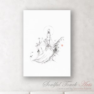 Guan Yin, Kuan Yin, Goddess of Compassion, Grace and Mercy, Buddhism, art print, sumi-e painting, ink, feng shui, Chinese, spiritual