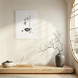 Teapot Japanese tea ceremony minimalist Zen wall art print. Tearoom wall decor.