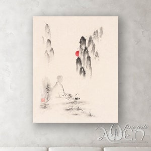 Art print, monk painting, Zen art, Buddhism, artwork, sage, meditation, meditating, painting, ink art, sumi-e, Buddhist monk, spiritual