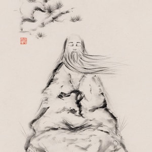Lao Tzu painting, Daoist, sage, sepia, painting, Taoist master, zen painting, sumi-e painting, sumi-e paintings, art print, wall art, monk
