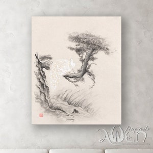 Art print of the original classic oriental Zen sumi-e ink painting of a white peacock  on the old pine tree, asian, artwork, ink painting