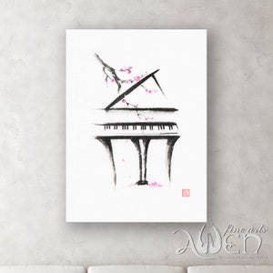Art print, wall art, Zen wall art, home decor, zen home decor, sumi-e painting, sakura painting, grand piano painting, zen painting, sumi-e