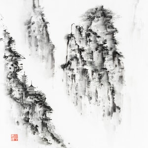 14x17&quot; original sumi-e ink on white rice paper Zen painting of a temple in high misty mountains, home decor, zen art, Zen decor, minimalist