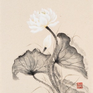 Original sumi-e ink on beige rice paper Zen painting of a white lotus flower, home decor, zen art, decor, minimalist, asian, art, abstract
