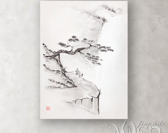 Meditating monk Zen painting, meditation,  painting, wise man, Taoist master, Zen, sumi-e painting, sumi-e paintings, art print, wall art