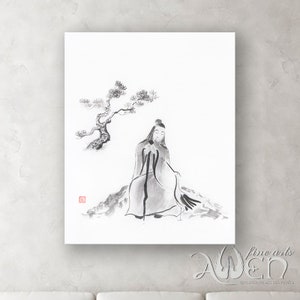 Lao Tzu and heron painting, Daoist painting, wise man painting, Taoist master, zen painting, sumi-e painting, sumi-e paintings, wall art