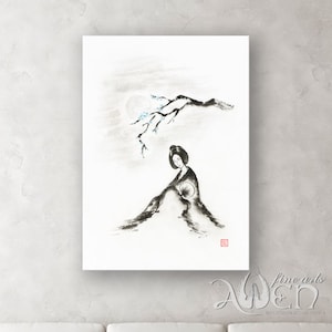Art print, Sumi-e painting, geisha painting, japanese art, wall art, home decor, Zen art, zen paintings, zen home decor, black ink painting