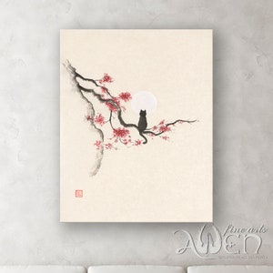 Gatto nero seduto sull&#39;albero d&#39;acero guardando la luna piena, pittura, pittura di gatto nero, zen, pittura zen, arte della parete zen, arredamento della casa